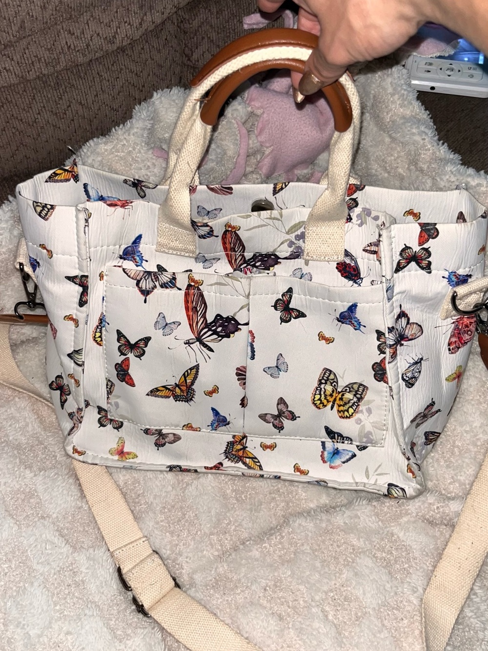 Butterfly Print White Canvas Tote Bag with Leather Handles
